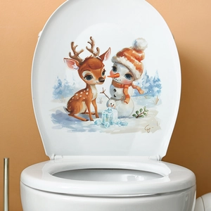 Autocollant WC de Noël avec cerf mignon et bonhomme de neige dans la forêt d'hiver