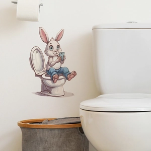 Funny cartoon rabbit sitting on toilet wall sticker for bathroom decor in high detail