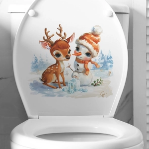 Sticker de Couvercle de Toilette Renne et Bonhomme de Neige Thème de Noël PVC Imperméable Décoration de Salle de Bain Maison