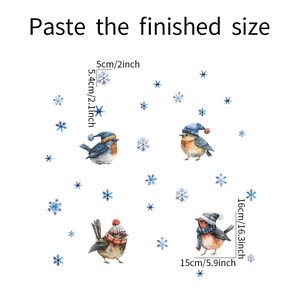 Detail view of watercolor Christmas bird window stickers with precise size measurements