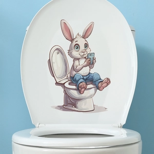 Funny Rabbit Sitting On Toilet Playing With Phone Bathroom Sticker PVC Waterproof Removable Home Wall Decal Toilet Lid Decor