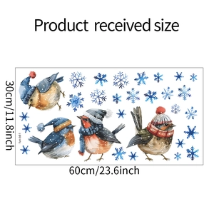 Detail view showing bird window clings with 60x30cm size measurements and blue snowflakes