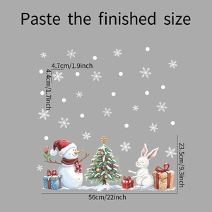 Detail showing dimensions of Christmas snowman and tree stickers for glass windows