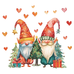 Christmas gnomes wall stickers with watercolor hearts and trees for home decoration
