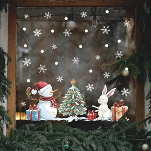 Christmas snowman and tree window stickers set with white snowflakes and gift boxes