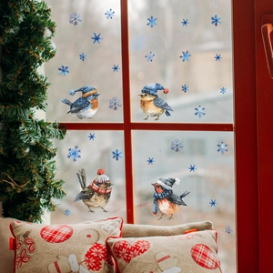 Christmas window decals set featuring festive watercolor birds and blue snowflakes