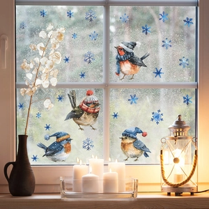 Christmas Winter Watercolor Birds Snowflakes Window Static Cling Stickers PVC Decorative Glass Decals For Home Shop Decor
