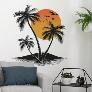 Tropischer Sonnenuntergang Palmen Wandaufkleber Silhouette Kokosnussbäume Möwen Strand Dekoration Für Wohnzimmer Schlafzimmer