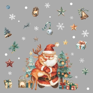 Watercolor Christmas window stickers featuring Santa Claus, reindeer, and festive ornaments