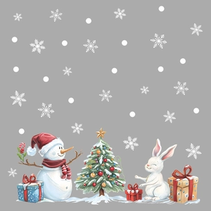 Christmas snowman and tree window stickers with watercolor gift boxes and snowflakes