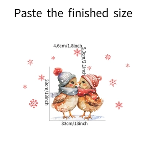 Detailed view of cartoon birds wearing winter hats and scarves with red snowflakes