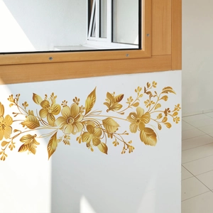 Sticker mural fleurs dorées avec motifs de vignes métalliques pour chambre et salon