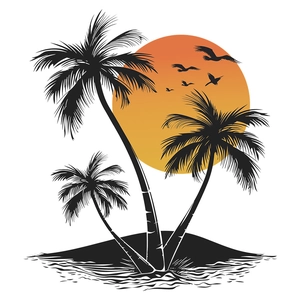 Kreativer Wandaufkleber mit Palmen bei Sonnenuntergang und Seevögeln für das Wohnzimmer