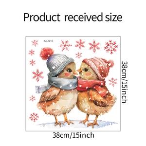 Detailed view of Christmas cartoon birds and red snowflake static window stickers, 38x38cm