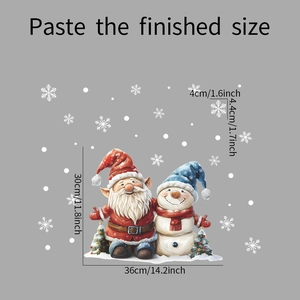 Size specifications for Santa Claus and snowman window decals with snowflake dimensions