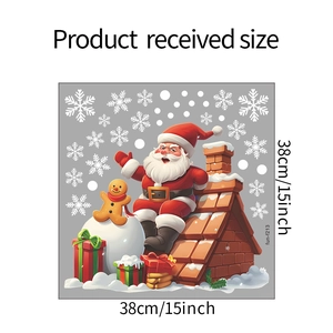 Detail view showing dimensions of 38cm Christmas window stickers with Santa Claus on rooftop