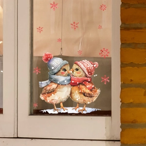 Detail of Christmas bird window stickers with watercolor snow and festive scarf design
