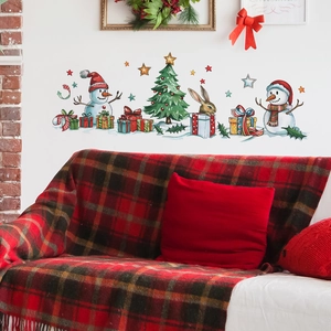 Christmas wall stickers with snowmen, a tree, and gift boxes for holiday home decoration