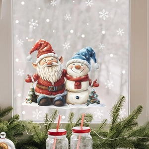 Detail of Christmas window stickers featuring Santa, snowman, and snowflakes on glass