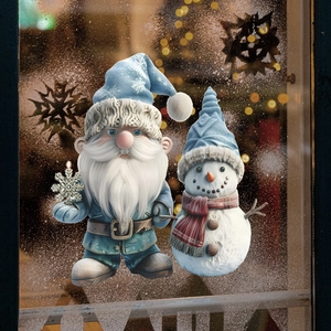 Autocollant Fenêtre Noël Gnome Bleu Bonhomme de Neige Statique PVC Décalcomanie Porte Vitrée Noël Maison Décor Mural Fête