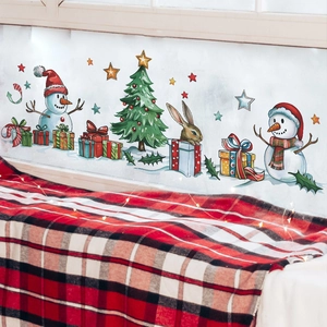 Hand-painted Christmas wall stickers with snowmen, trees and gift boxes for cozy room decor
