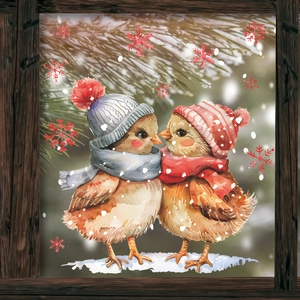 Christmas window decals featuring watercolor cartoon birds with hats in winter snow scene