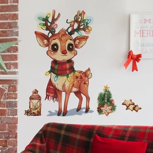 Weihnachtswandsticker-Set mit Comic-Rentier, Lichterkette und festlicher Dekoration