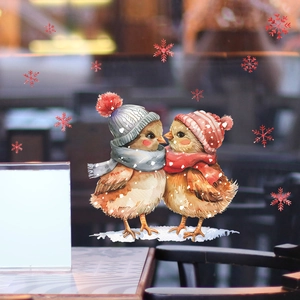 Christmas window stickers featuring cute cartoon birds with scarves and red snowflakes
