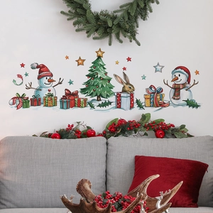 Christmas wall stickers with cartoon snowmen and trees for festive living room decoration