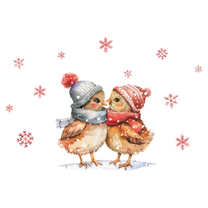 Winter bird window stickers with watercolor birds in hats and red festive snowflakes