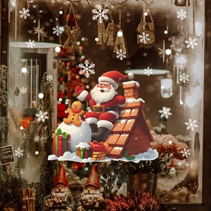 3D cartoon Christmas Santa on rooftop window stickers set with snowflakes and gift boxes