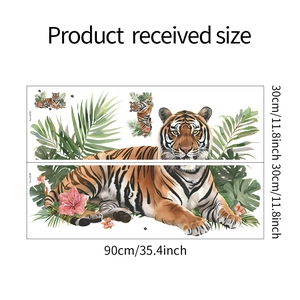 Détail de deux planches de stickers muraux tigre et feuilles avec dimensions de pose
