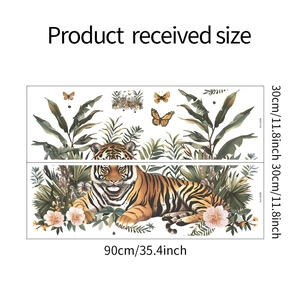 Détail du sticker tigre montrant les dimensions 30x90cm avec feuilles et papillons