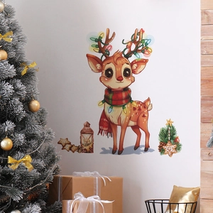 Detaillierter Weihnachts-Wandaufkleber mit Cartoon-Rentier und bunter Festbeleuchtung