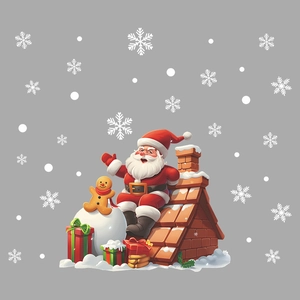 Christmas window decals featuring Santa on chimney with snowman and gift boxes