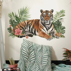 Sticker Mural Tigre du Bengale Réaliste Plantes Tropicales PVC Amovible Feuille de Monstera Palmier Décalcomanie Murale Décorative Maison