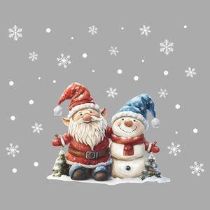 Christmas window sticker featuring a festive gnome hugging a snowman with mini Xmas trees