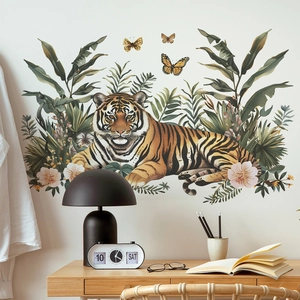 Autocollants Muraux En PVC Moderne Tigre De La Jungle Feuilles Tropicales Papillon Fleur Décalcomanies Pour Salon Maison