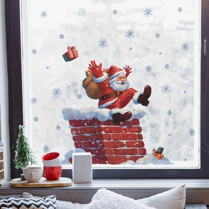 Sticker Mural de Noël Père Noël Cheminée Flocons de Neige en PVC Décoratif Autocollant de Fenêtre Pour Salon Chambre Décoration