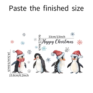 Detailed size specifications for Christmas penguin wall stickers with Happy Christmas text