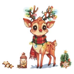 Cartoon Weihnachtsrentier Wandtattoo mit Festlichtern und Schal auf weißem Hintergrund