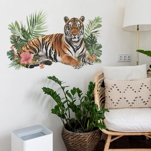 Sticker mural tigre réaliste avec feuilles tropicales pour la décoration du salon