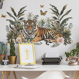 Stickers muraux tigre et plantes tropicales pour décor de chambre ou salon vintage