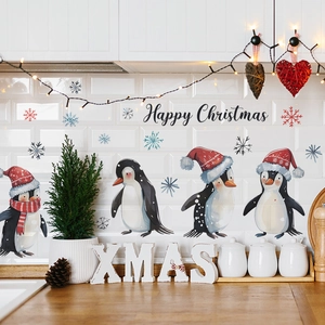 Cartoon Penguin Snowflake Christmas Wall Sticker PVC Waterproof Happy Christmas Decals For Living Room Bedroom Holiday Decoration