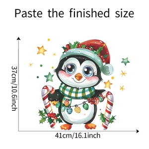 Detailed dimensions of a cartoon Christmas penguin window sticker with lights and candy cane