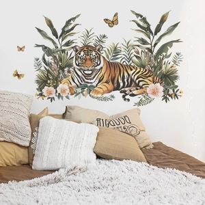 Sticker mural tigre avec feuilles tropicales et papillons pour décoration de chambre