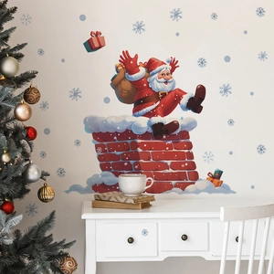 Stickers muraux de Noël avec Père Noël dans la cheminée et flocons pour décoration