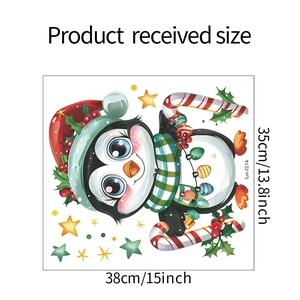 Detailed dimension guide for Christmas penguin window sticker measuring 38cm x 35cm size