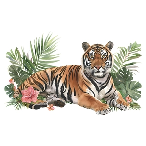 Sticker mural tigre avec feuilles de palmier vertes et fleurs pour décoration