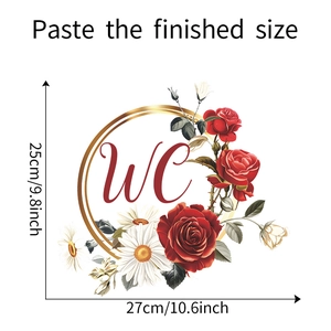 Close-up showing flower design WC door sticker and dimensions of 25cm by 27cm
